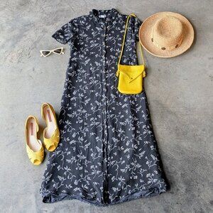 Vintage Robbie Bee Black Floral Button Front Silk Midi Dress size 10